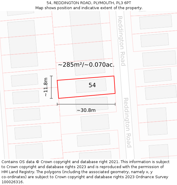 54, REDDINGTON ROAD, PLYMOUTH, PL3 6PT: Plot and title map