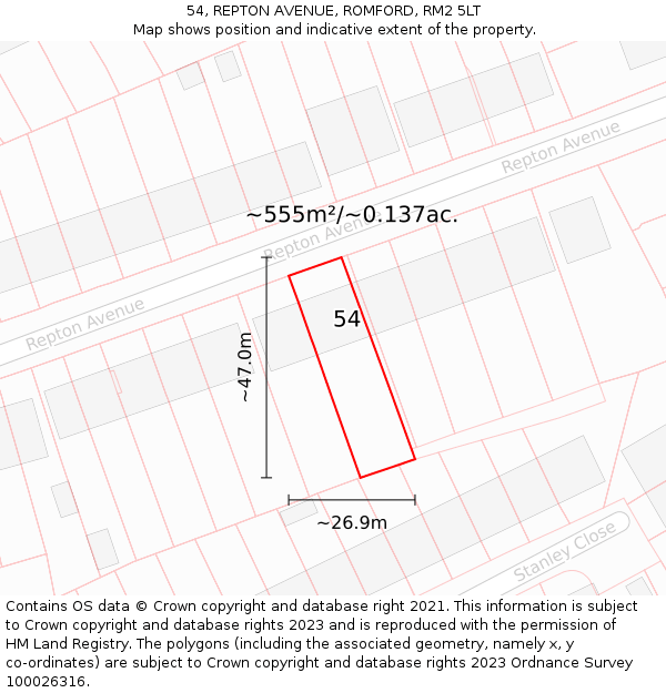 54, REPTON AVENUE, ROMFORD, RM2 5LT: Plot and title map