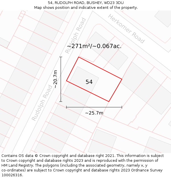 54, RUDOLPH ROAD, BUSHEY, WD23 3DU: Plot and title map