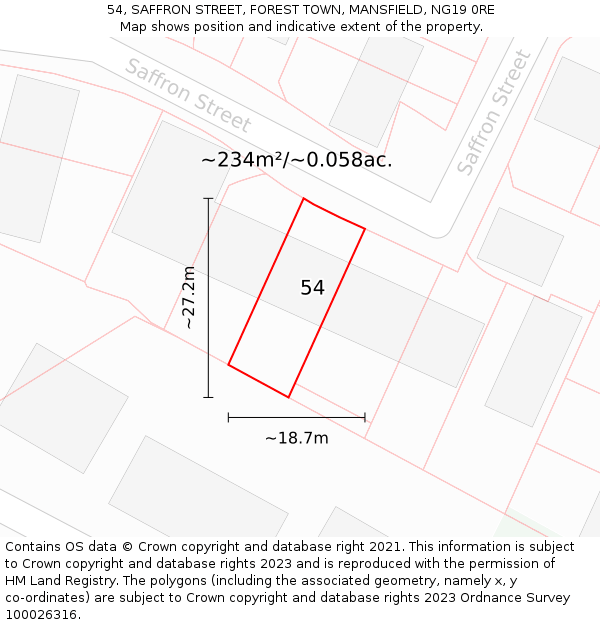 54, SAFFRON STREET, FOREST TOWN, MANSFIELD, NG19 0RE: Plot and title map