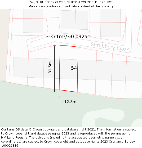 54, SHRUBBERY CLOSE, SUTTON COLDFIELD, B76 1WE: Plot and title map