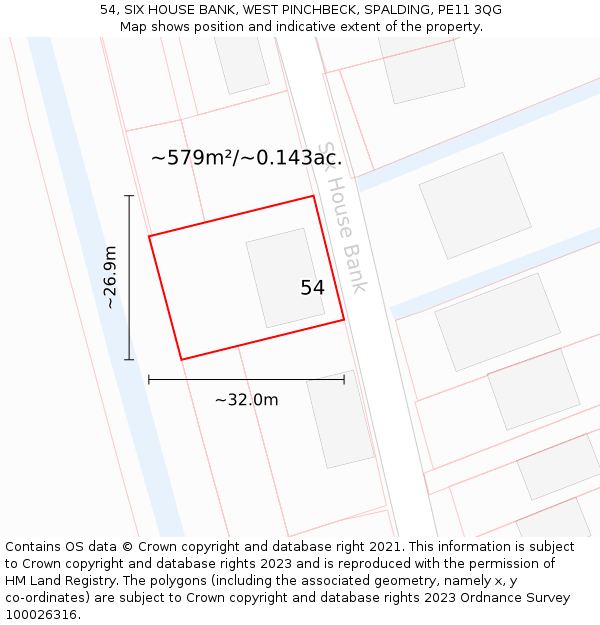 54, SIX HOUSE BANK, WEST PINCHBECK, SPALDING, PE11 3QG: Plot and title map