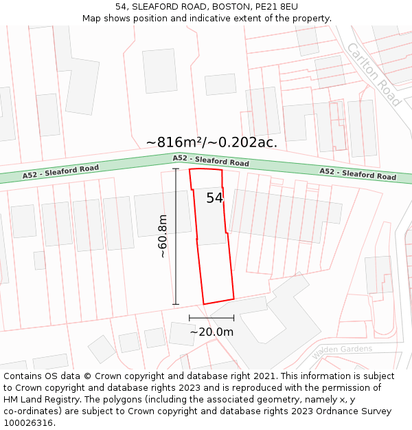 54, SLEAFORD ROAD, BOSTON, PE21 8EU: Plot and title map