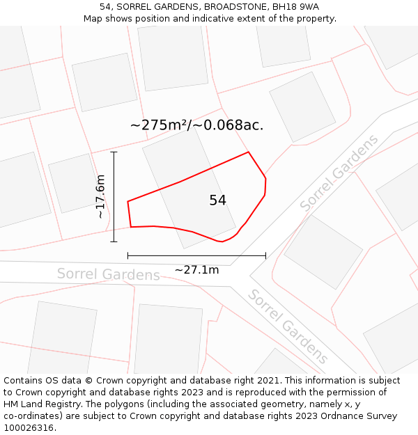 54, SORREL GARDENS, BROADSTONE, BH18 9WA: Plot and title map