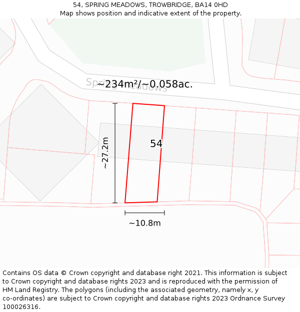 54, SPRING MEADOWS, TROWBRIDGE, BA14 0HD: Plot and title map