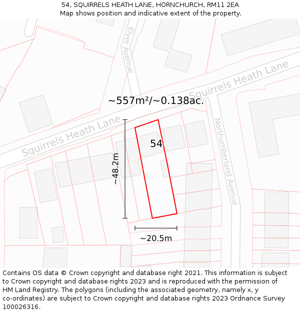 54, SQUIRRELS HEATH LANE, HORNCHURCH, RM11 2EA: Plot and title map