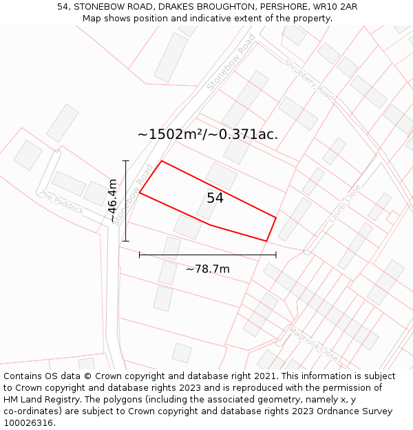 54, STONEBOW ROAD, DRAKES BROUGHTON, PERSHORE, WR10 2AR: Plot and title map