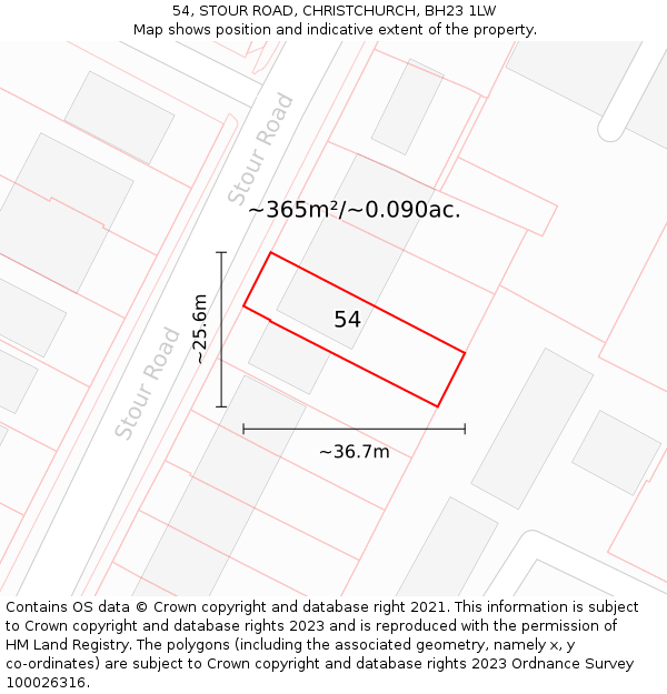 54, STOUR ROAD, CHRISTCHURCH, BH23 1LW: Plot and title map