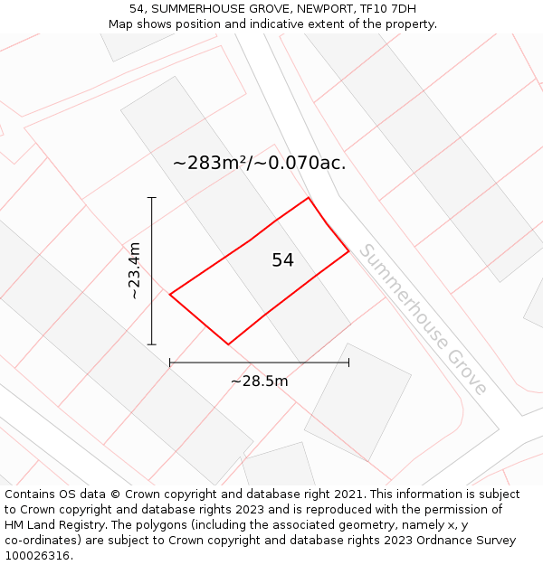 54, SUMMERHOUSE GROVE, NEWPORT, TF10 7DH: Plot and title map