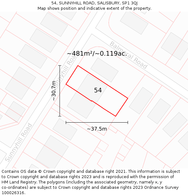 54, SUNNYHILL ROAD, SALISBURY, SP1 3QJ: Plot and title map