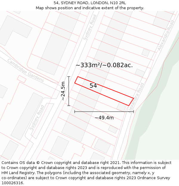 54, SYDNEY ROAD, LONDON, N10 2RL: Plot and title map