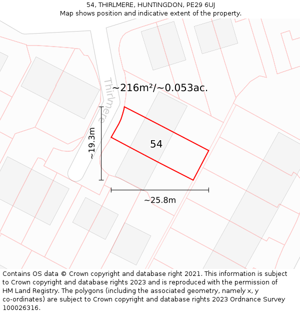 54, THIRLMERE, HUNTINGDON, PE29 6UJ: Plot and title map