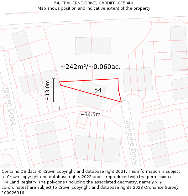 54, TRAHERNE DRIVE, CARDIFF, CF5 4UL: Plot and title map
