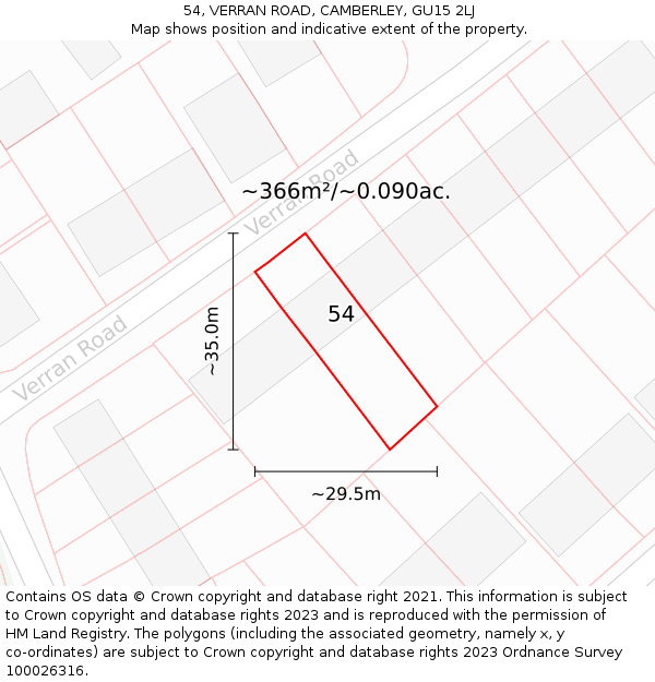 54, VERRAN ROAD, CAMBERLEY, GU15 2LJ: Plot and title map