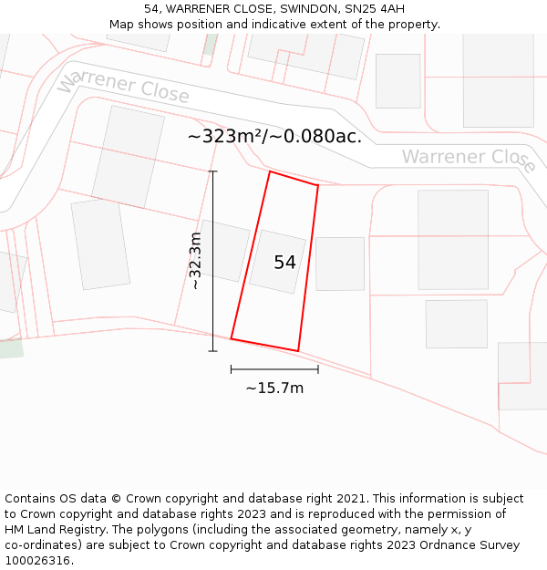 54, WARRENER CLOSE, SWINDON, SN25 4AH: Plot and title map