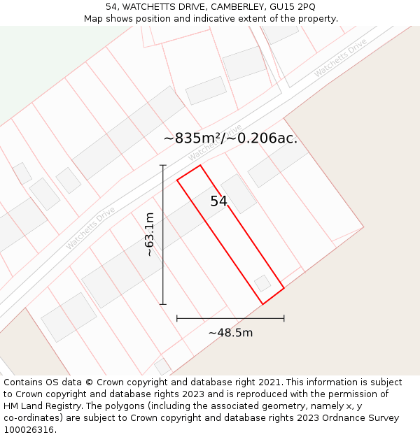 54, WATCHETTS DRIVE, CAMBERLEY, GU15 2PQ: Plot and title map