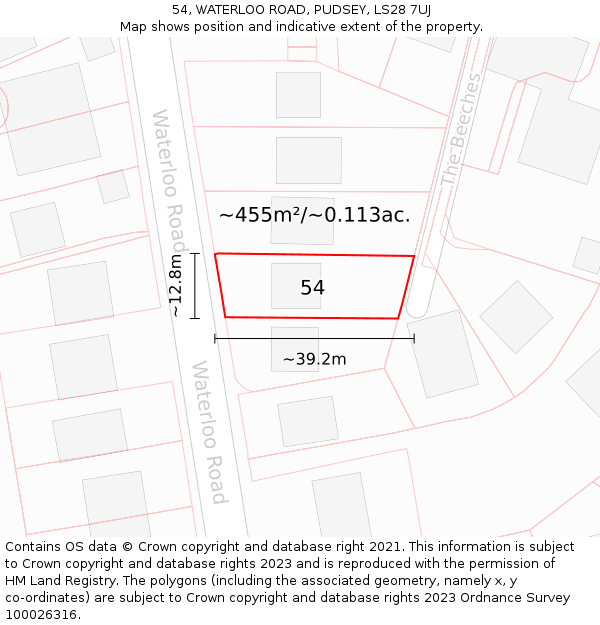 54, WATERLOO ROAD, PUDSEY, LS28 7UJ: Plot and title map