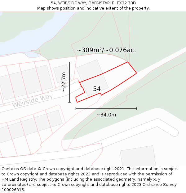 54, WEIRSIDE WAY, BARNSTAPLE, EX32 7RB: Plot and title map