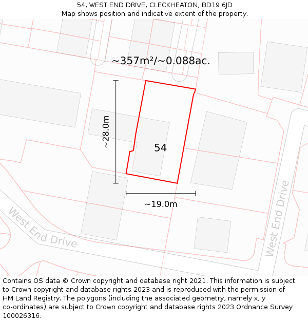 54, WEST END DRIVE, CLECKHEATON, BD19 6JD: Plot and title map