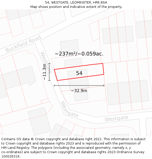54, WESTGATE, LEOMINSTER, HR6 8SA: Plot and title map