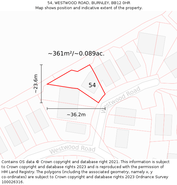 54, WESTWOOD ROAD, BURNLEY, BB12 0HR: Plot and title map