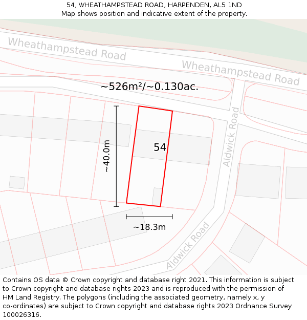 54, WHEATHAMPSTEAD ROAD, HARPENDEN, AL5 1ND: Plot and title map