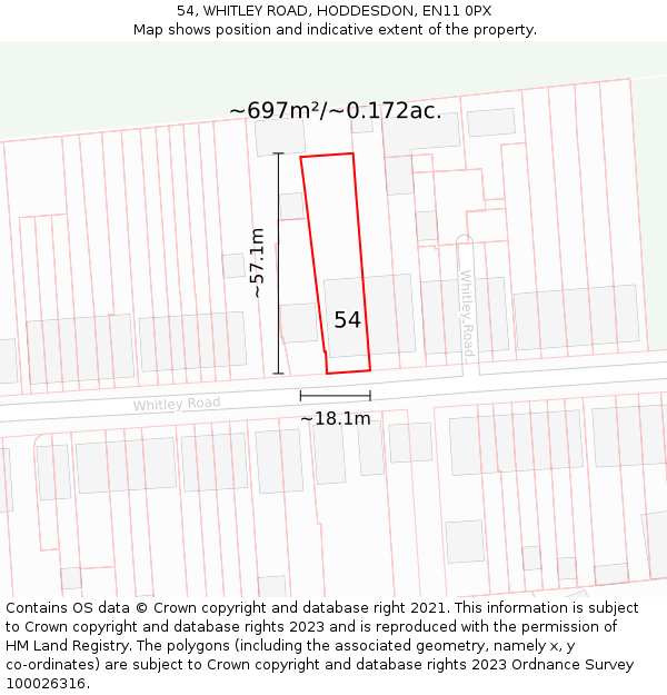 54, WHITLEY ROAD, HODDESDON, EN11 0PX: Plot and title map