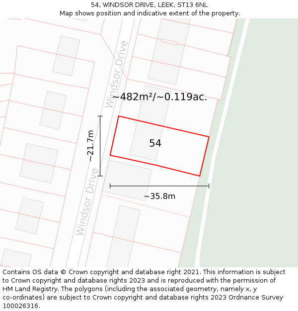 54, WINDSOR DRIVE, LEEK, ST13 6NL: Plot and title map