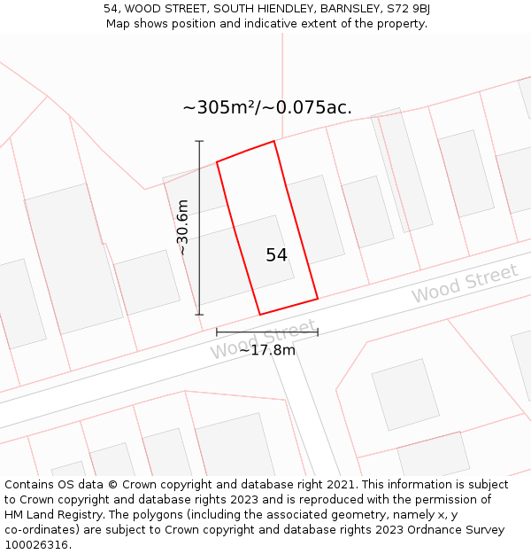 54, WOOD STREET, SOUTH HIENDLEY, BARNSLEY, S72 9BJ: Plot and title map