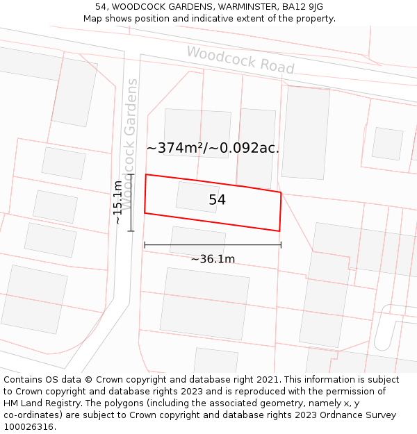 54, WOODCOCK GARDENS, WARMINSTER, BA12 9JG: Plot and title map