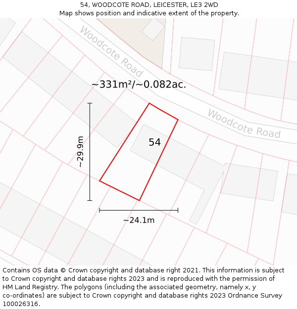 54, WOODCOTE ROAD, LEICESTER, LE3 2WD: Plot and title map