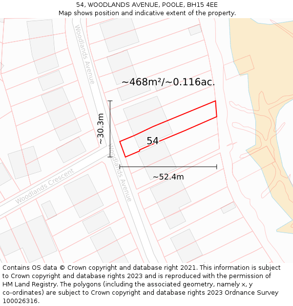 54, WOODLANDS AVENUE, POOLE, BH15 4EE: Plot and title map