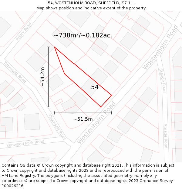 54, WOSTENHOLM ROAD, SHEFFIELD, S7 1LL: Plot and title map