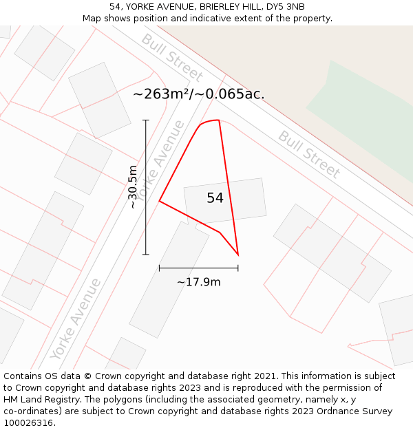 54, YORKE AVENUE, BRIERLEY HILL, DY5 3NB: Plot and title map