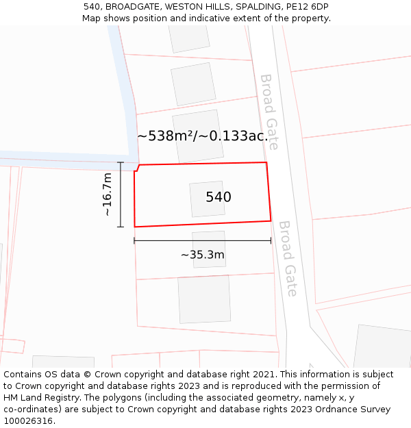 540, BROADGATE, WESTON HILLS, SPALDING, PE12 6DP: Plot and title map