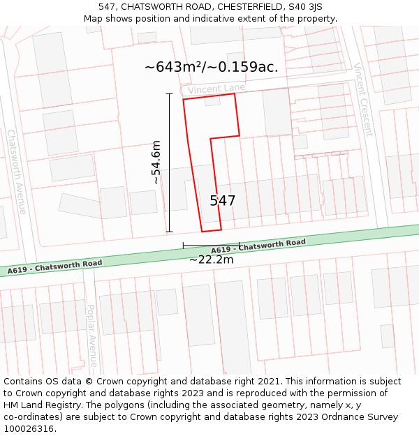 547, CHATSWORTH ROAD, CHESTERFIELD, S40 3JS: Plot and title map