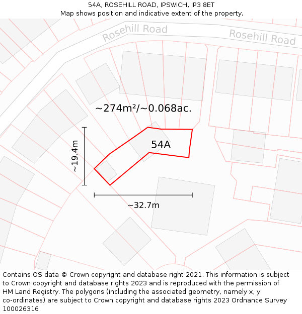54A, ROSEHILL ROAD, IPSWICH, IP3 8ET: Plot and title map