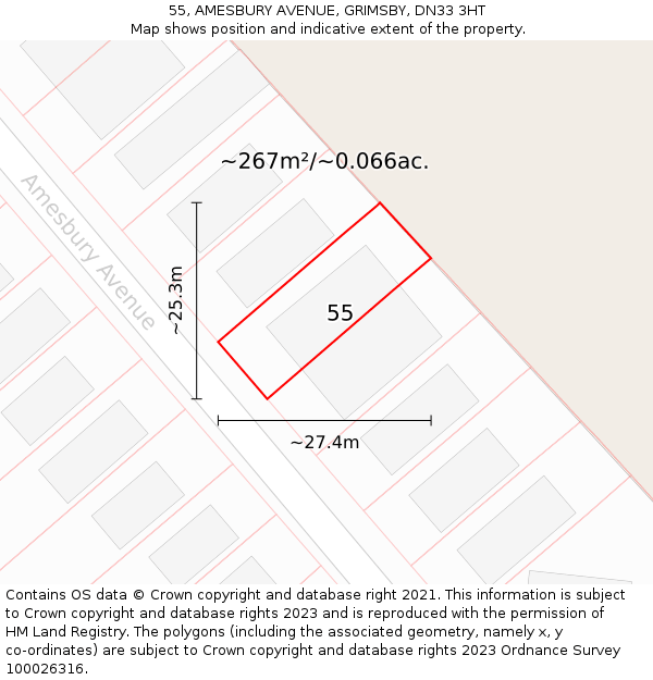 55, AMESBURY AVENUE, GRIMSBY, DN33 3HT: Plot and title map