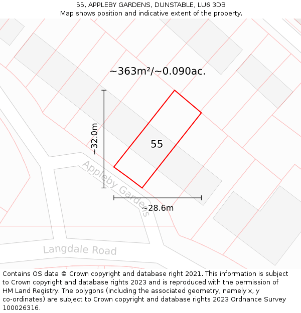 55, APPLEBY GARDENS, DUNSTABLE, LU6 3DB: Plot and title map