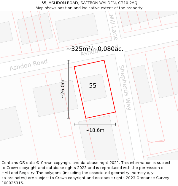 55, ASHDON ROAD, SAFFRON WALDEN, CB10 2AQ: Plot and title map