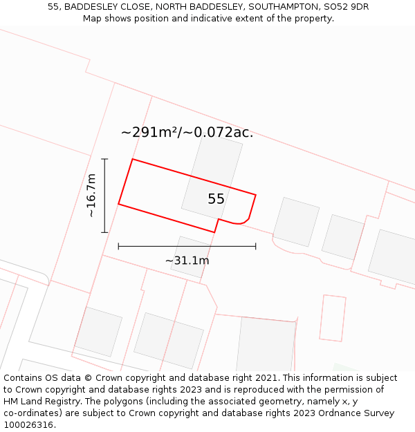 55, BADDESLEY CLOSE, NORTH BADDESLEY, SOUTHAMPTON, SO52 9DR: Plot and title map