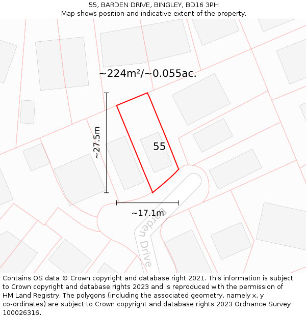 55, BARDEN DRIVE, BINGLEY, BD16 3PH: Plot and title map