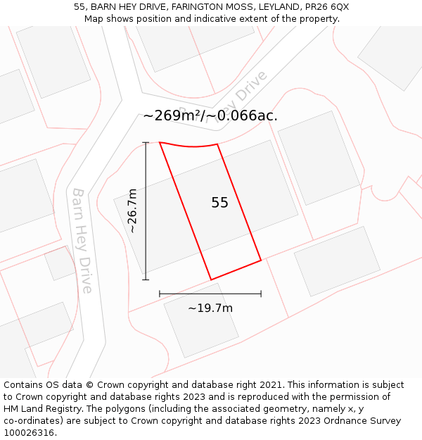 55, BARN HEY DRIVE, FARINGTON MOSS, LEYLAND, PR26 6QX: Plot and title map