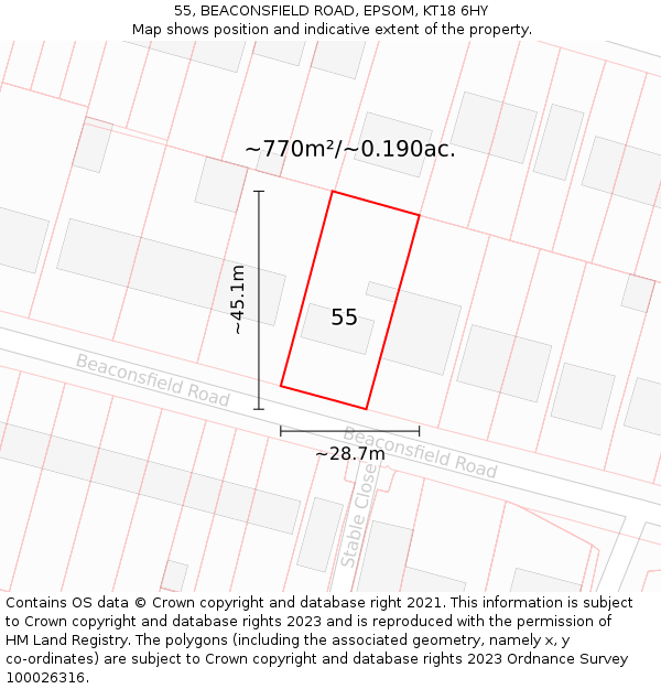 55, BEACONSFIELD ROAD, EPSOM, KT18 6HY: Plot and title map