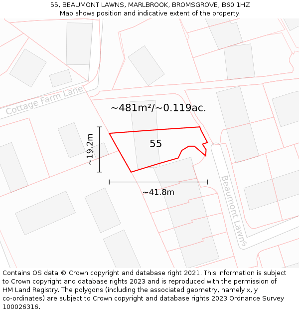 55, BEAUMONT LAWNS, MARLBROOK, BROMSGROVE, B60 1HZ: Plot and title map