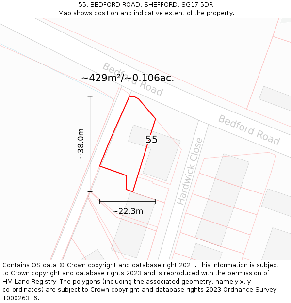 55, BEDFORD ROAD, SHEFFORD, SG17 5DR: Plot and title map