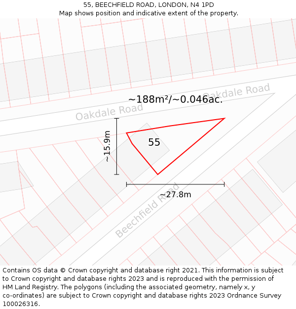 55, BEECHFIELD ROAD, LONDON, N4 1PD: Plot and title map