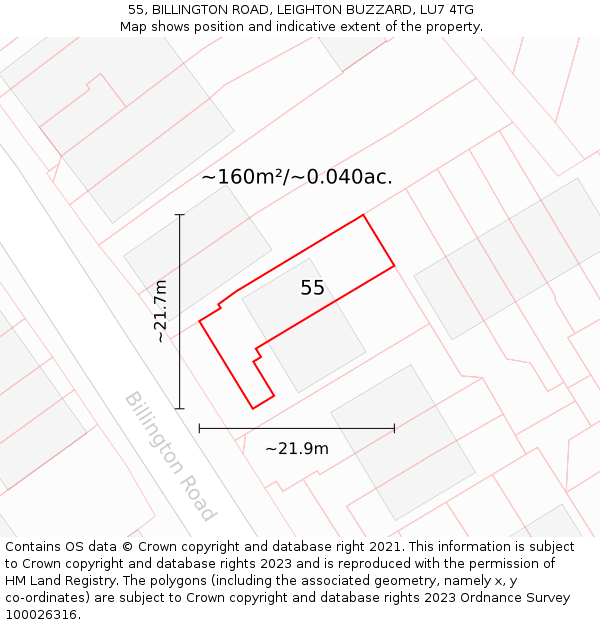 55, BILLINGTON ROAD, LEIGHTON BUZZARD, LU7 4TG: Plot and title map