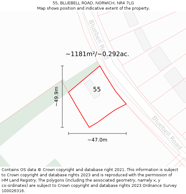 55, BLUEBELL ROAD, NORWICH, NR4 7LG: Plot and title map