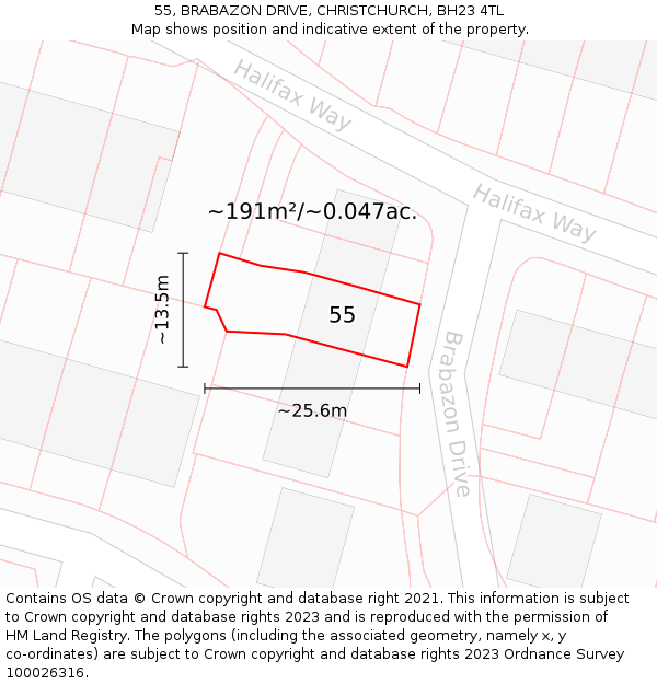 55, BRABAZON DRIVE, CHRISTCHURCH, BH23 4TL: Plot and title map